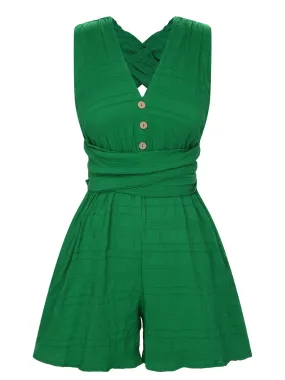 Bright Green 1950s Solid Tie Up Romper